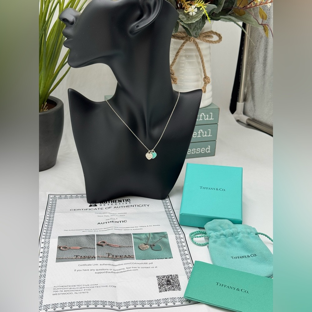 Tiffany Blue Mini Double Heart Tag Pendant necklace with digital COA